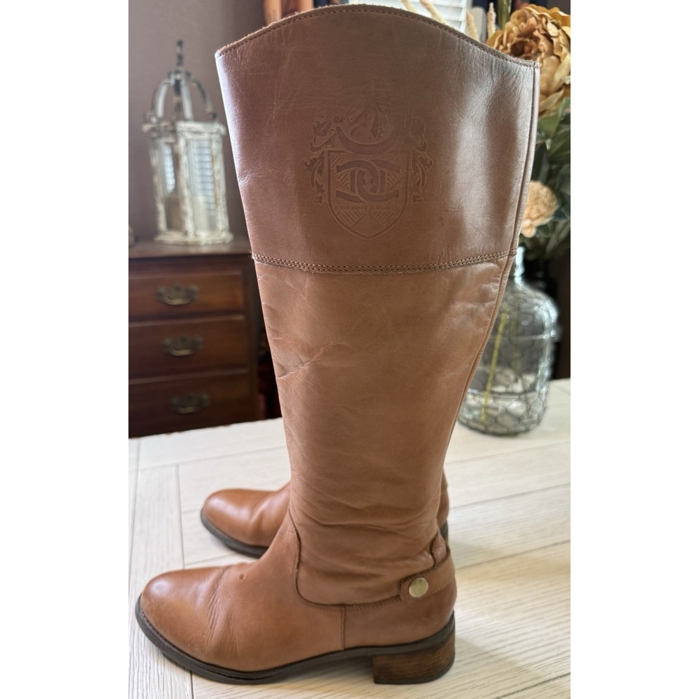 Etienne Aigner Womens Leather Tall Riding Boots Tan Sz 9 M Zip Close Block Heel